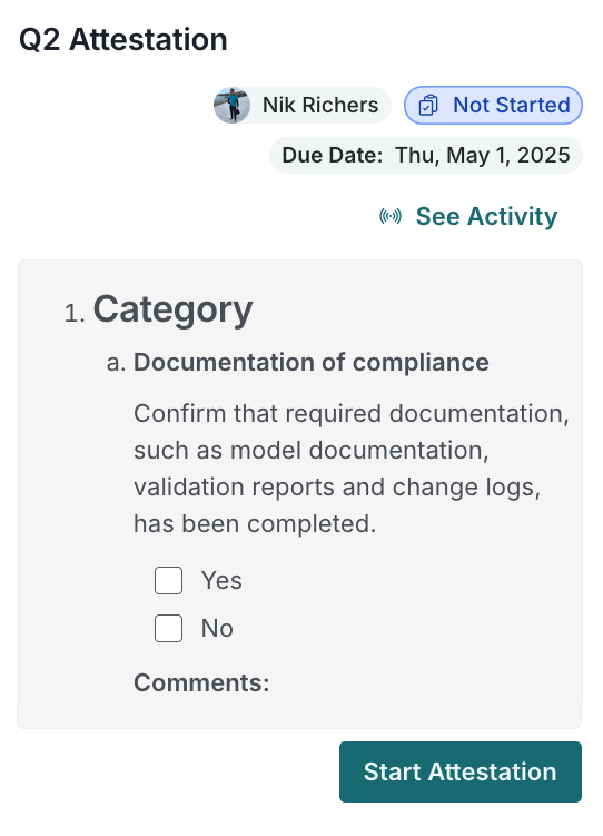 Prompt to start the attestation process with a button labelled 'Open Attestations'