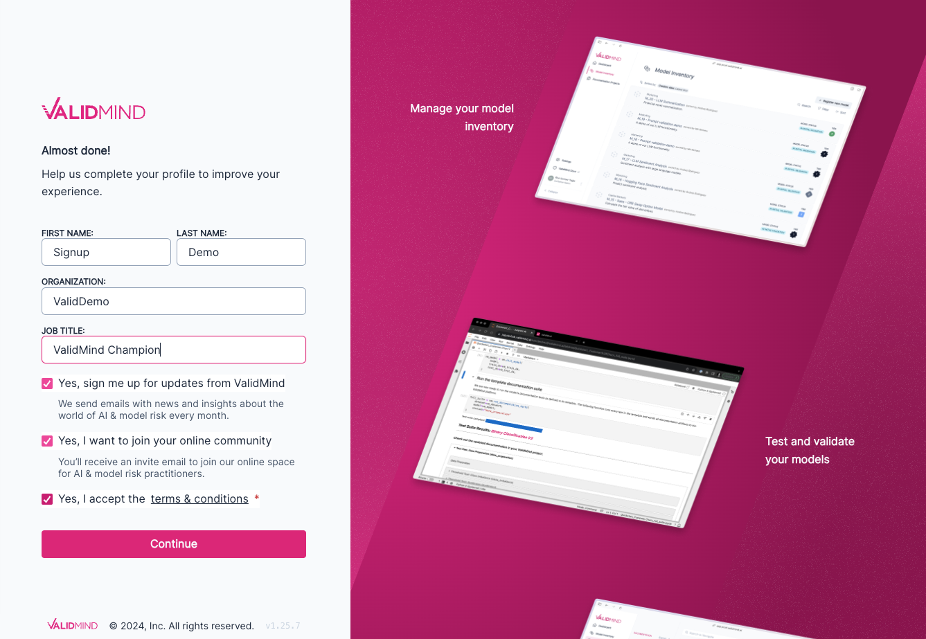 Screenshot of the ValidMind profile completion screen with the terms and conditions checked