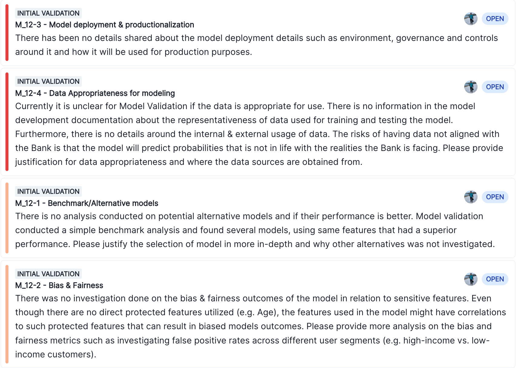 A screenshot showing several model findings