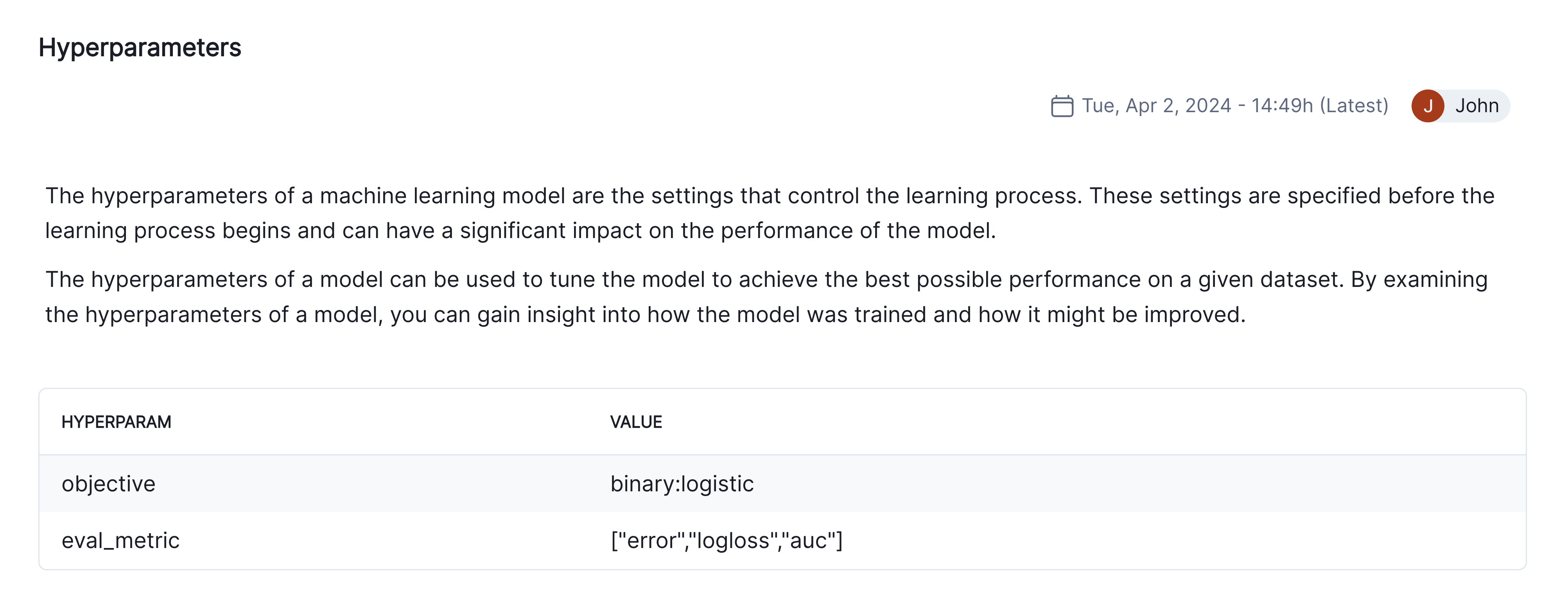 screenshot showing hyperparameters test