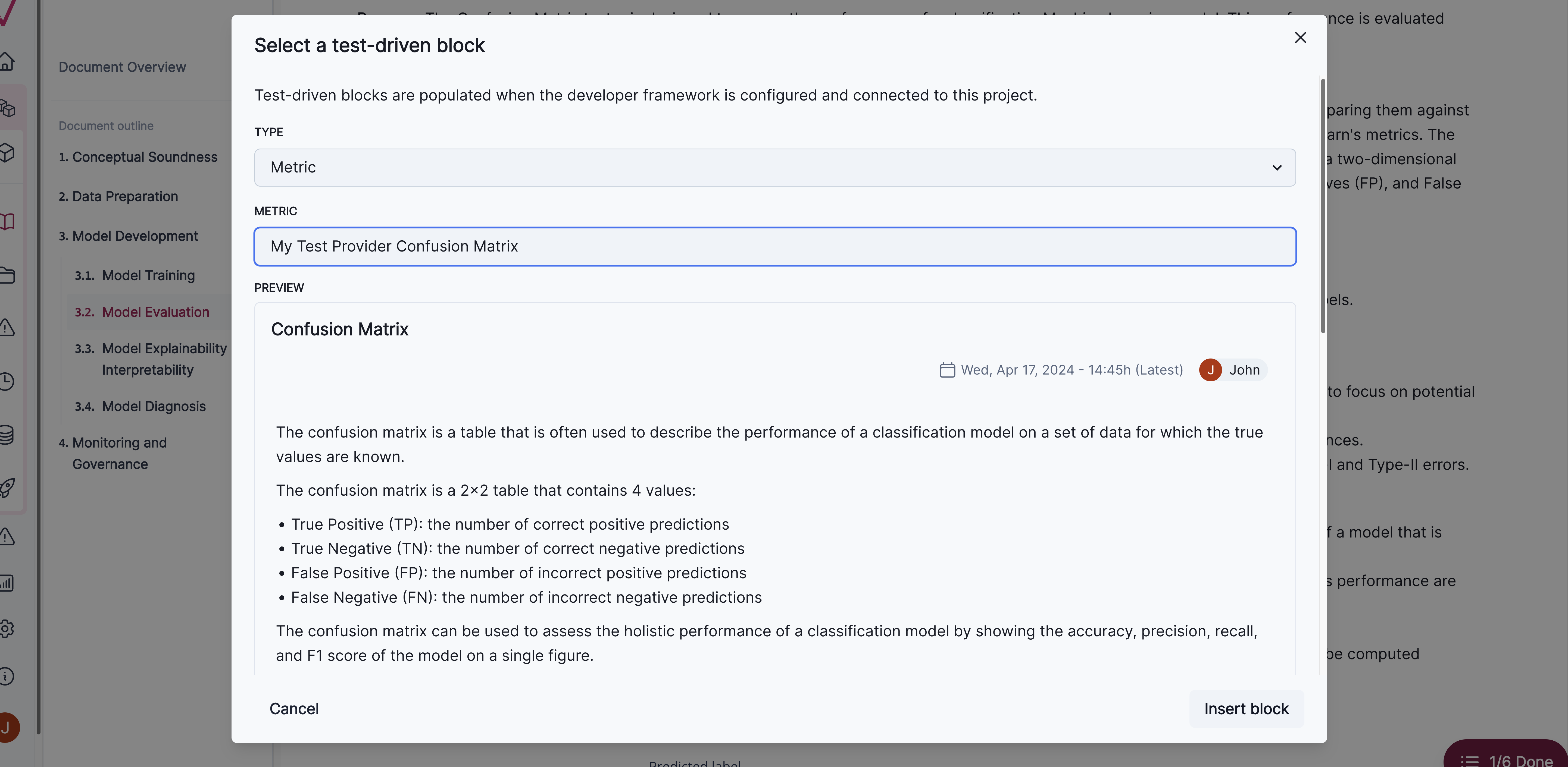 screenshot showing how to insert a test-driven block