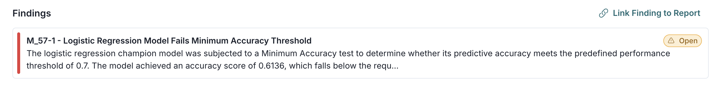 Screenshot showing the validation report with the new finding linked