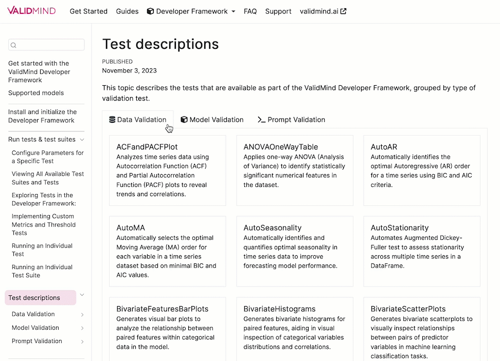 A screenshot showing improved test descriptions for the ValidMind Library