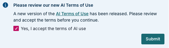 A screenshot of the popup dialog requesting review of the AI terms of use