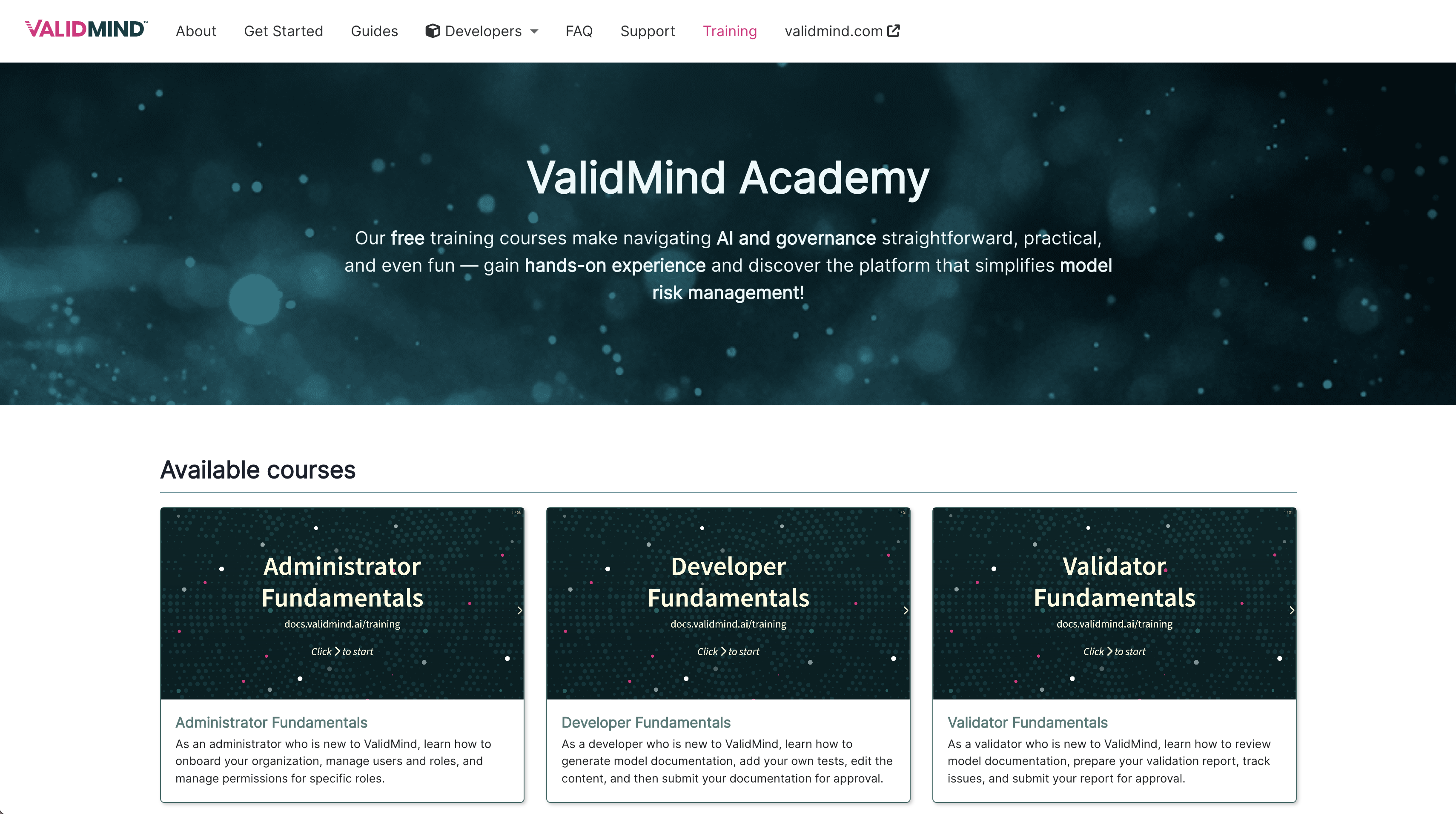 A screenshot of the new training landing page