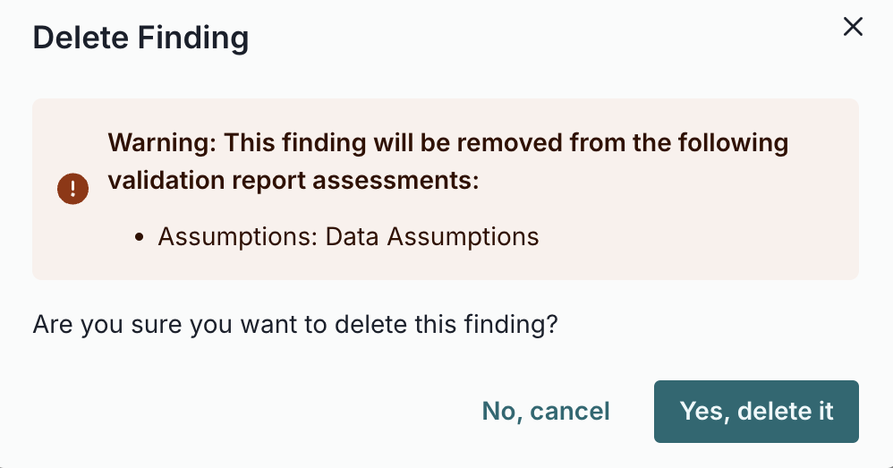 A screenshot of the deletion confirmation dialogue for a finding linked to a validation report