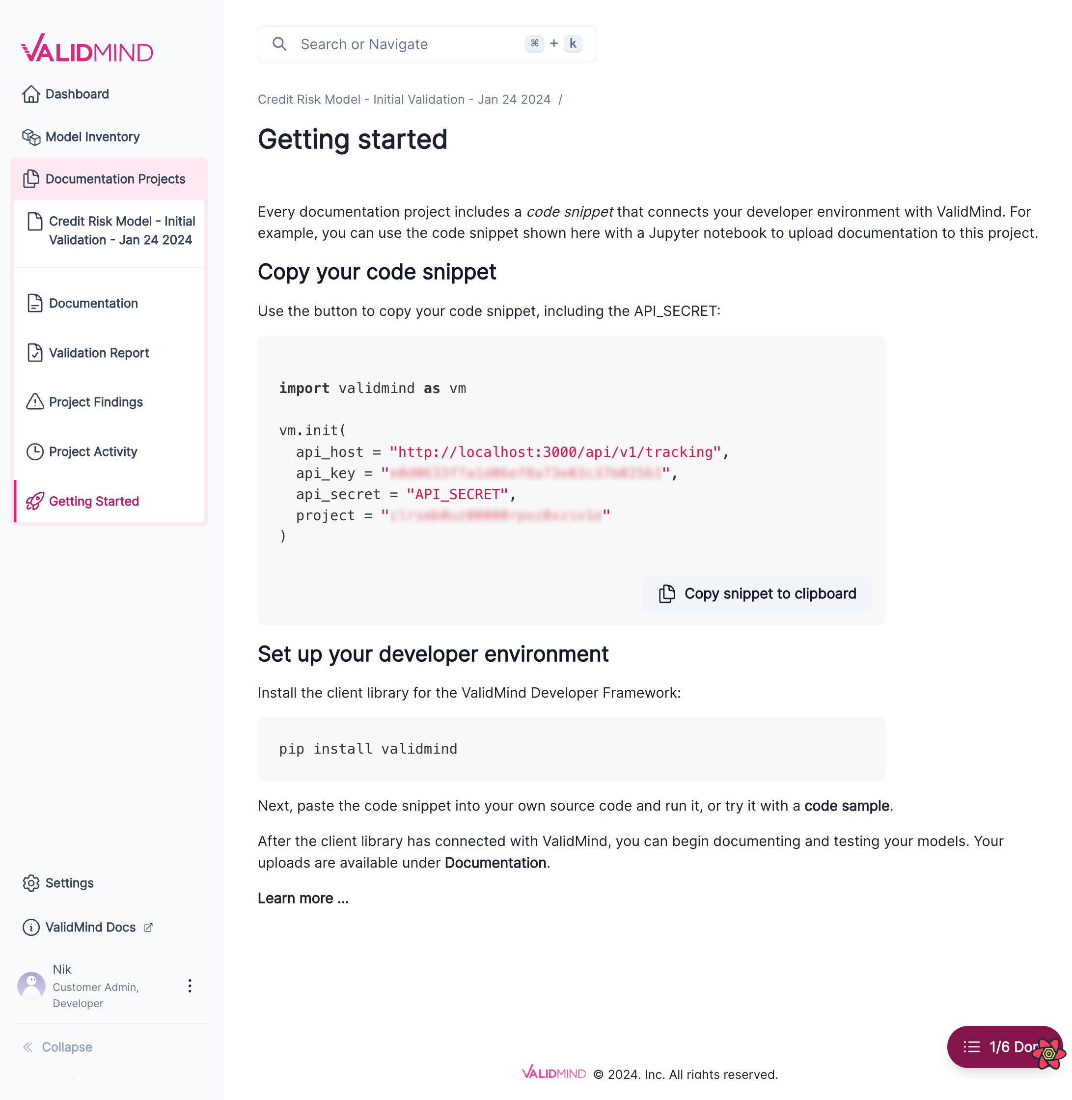 Screenshot of the Getting Started page for a model with the custom code snippet
