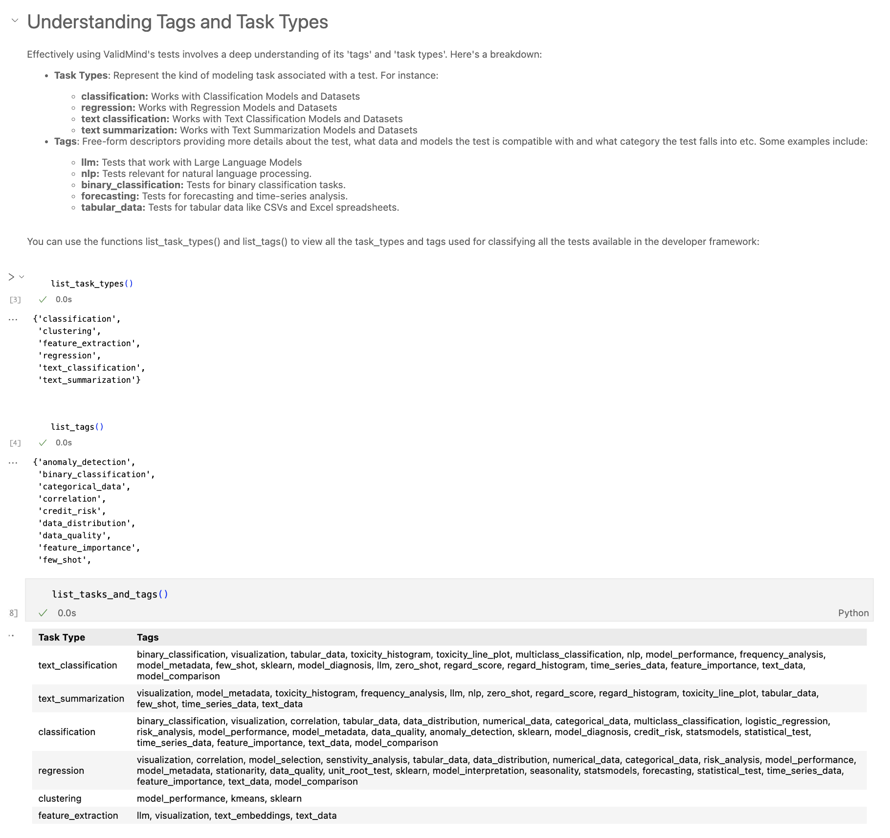 Screenshot showing the Explore tests notebook with the Understanding Tags and Task Types code cells run successfully
