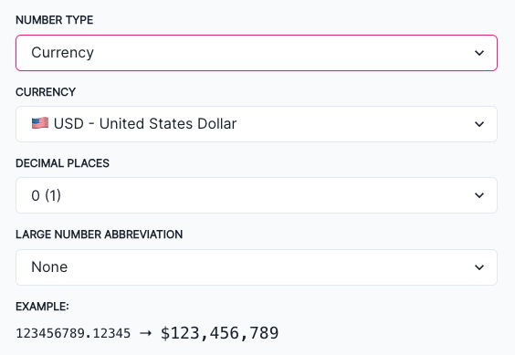 A screenshot showing a currency number field type