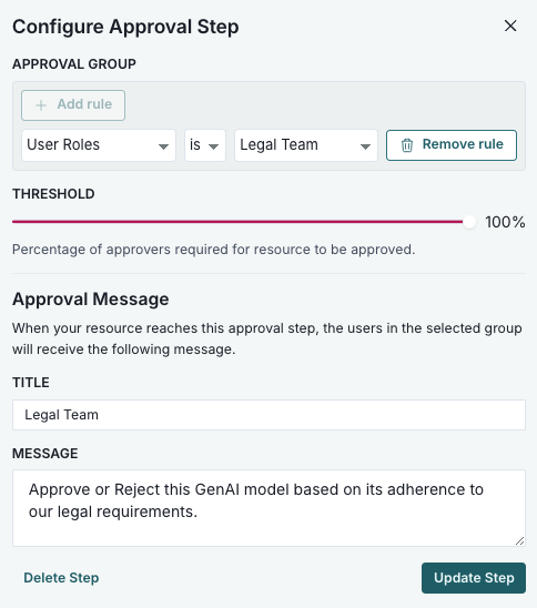 Screenshot showing the Legal Team Approval step configuration