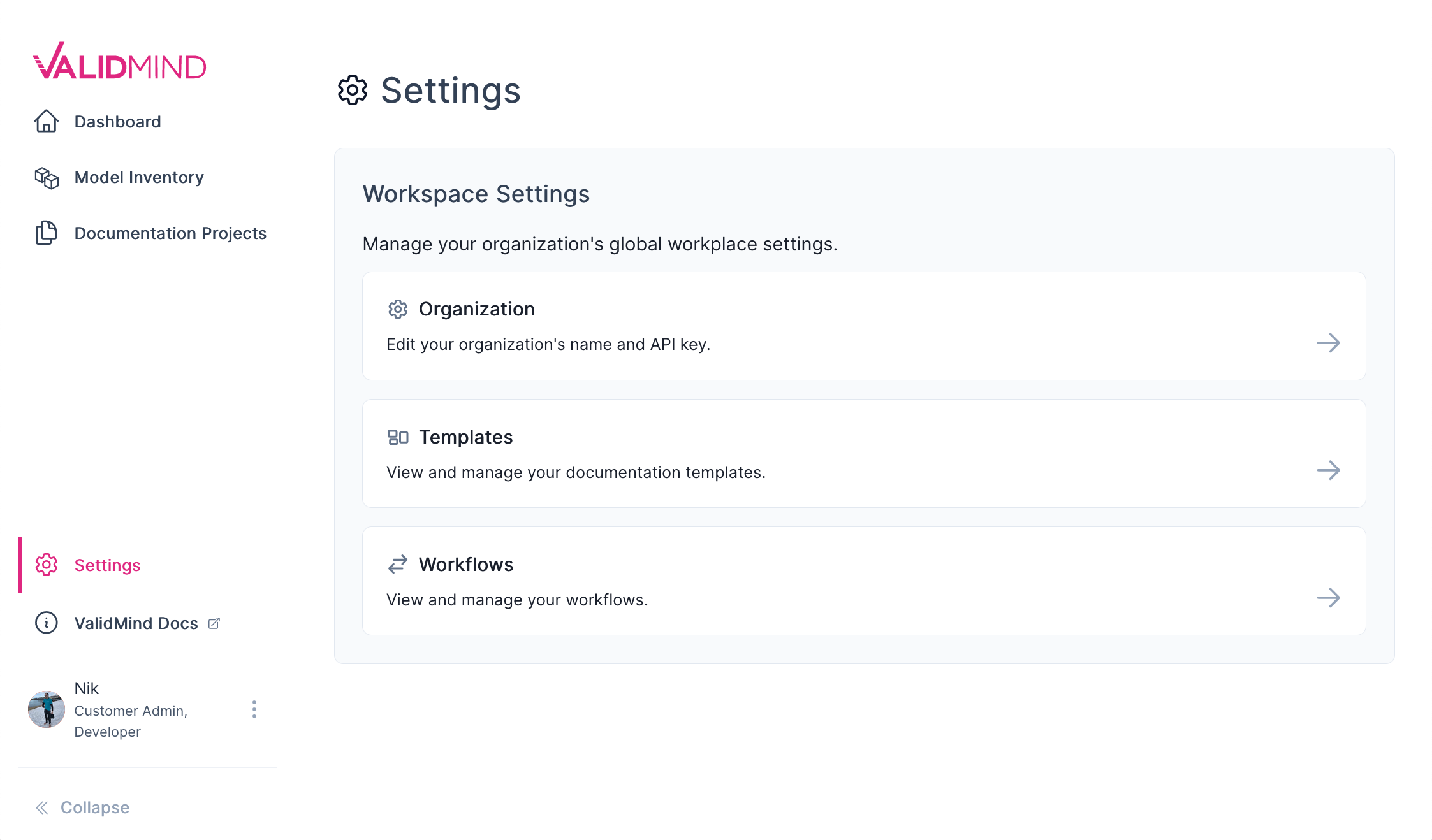 A screenshot showing the new ValidMind Platform settings page