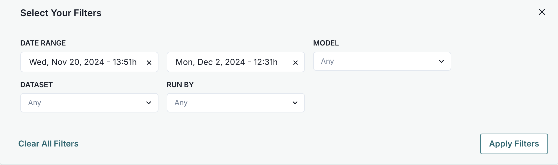 An screenshot of the historical test result filters