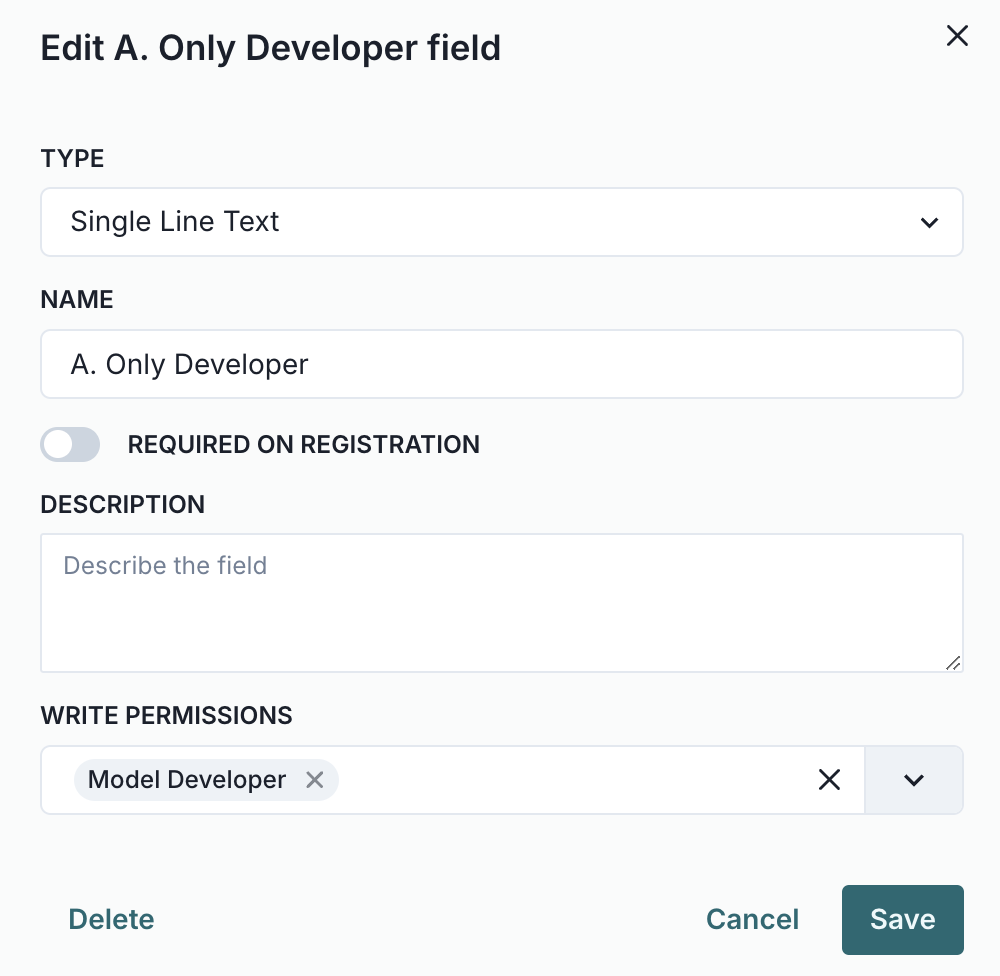 A screenshot of the setup for an inventory field only editable by developers
