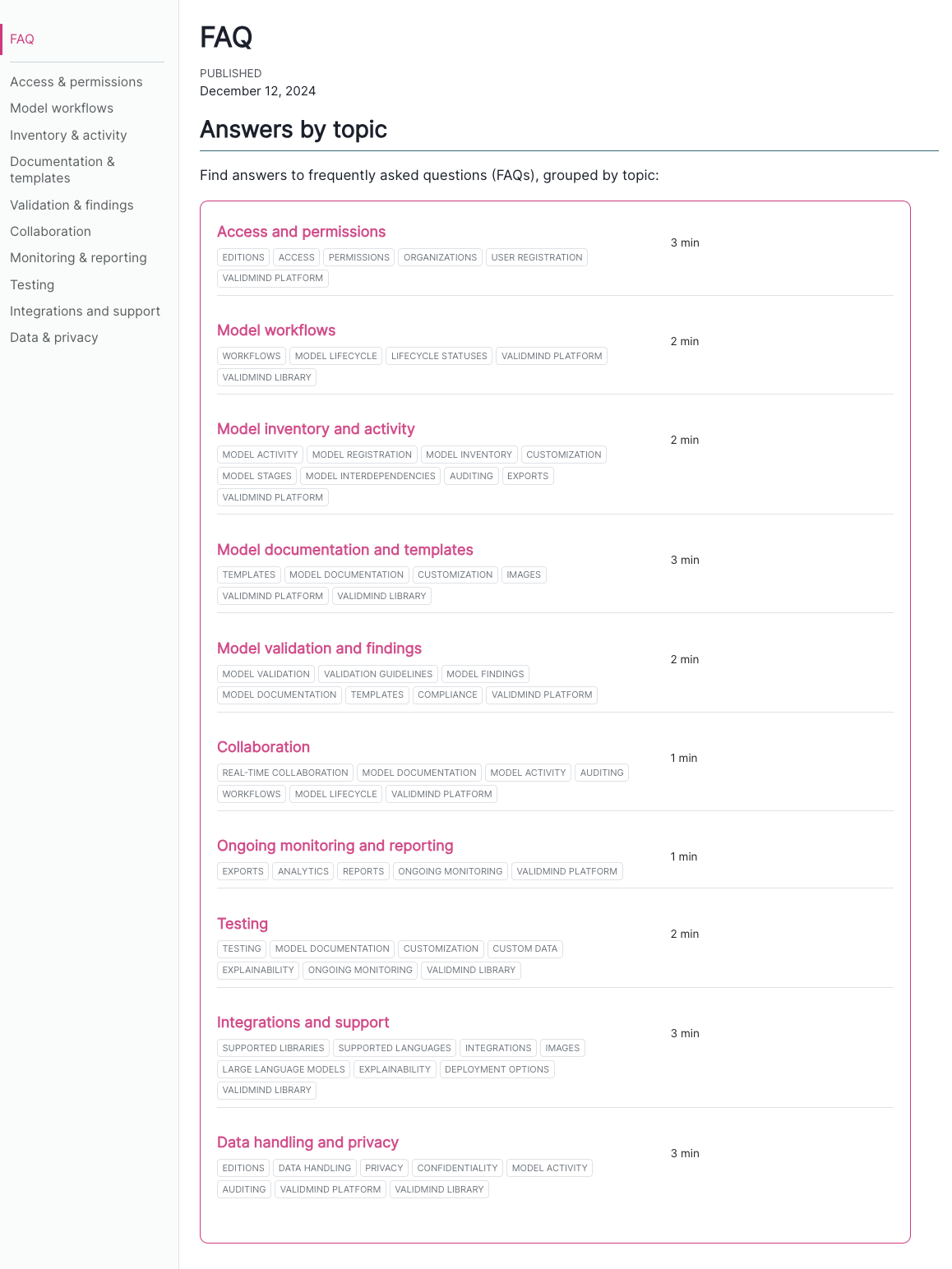 A screenshot of the new FAQ