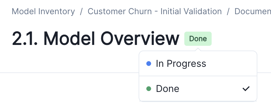 A screenshot of the section status drop-down of a model documentation page