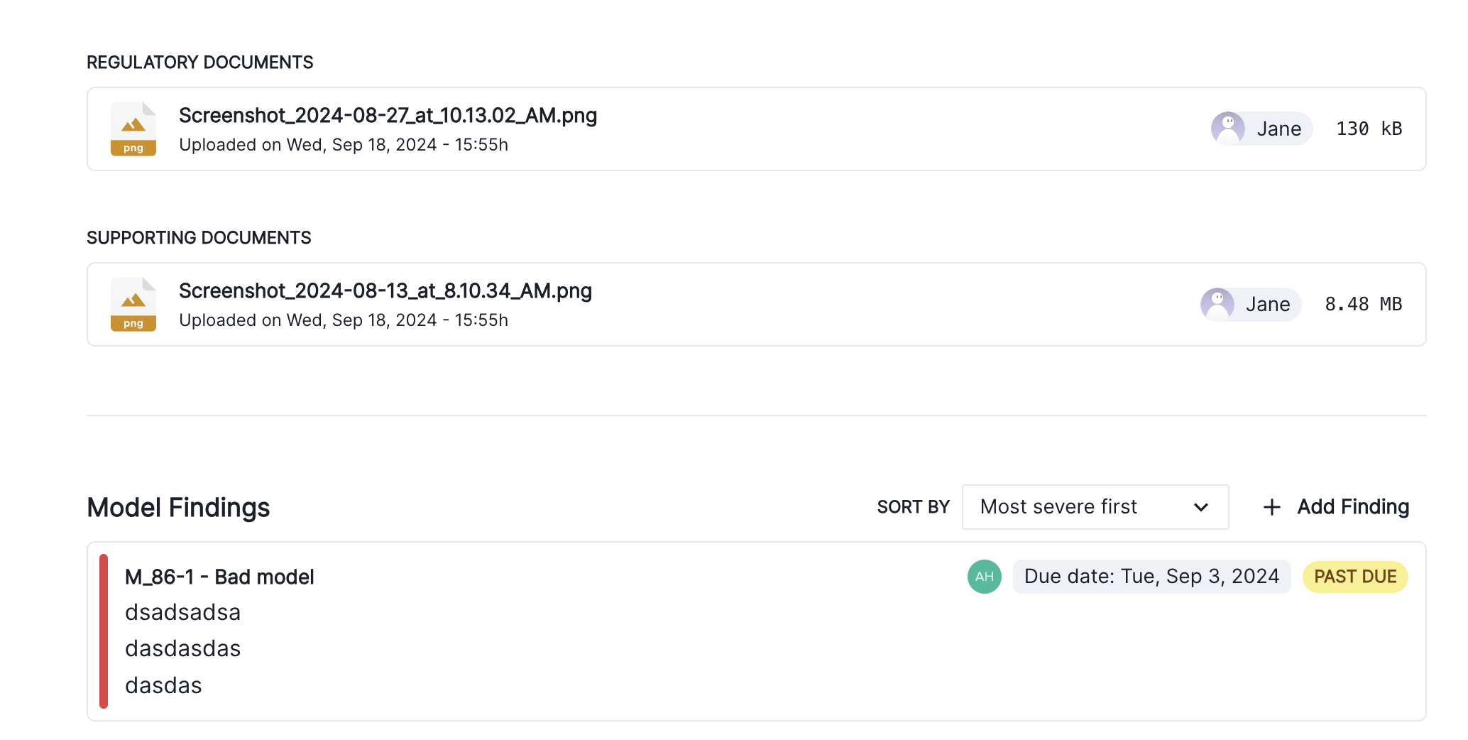 A screenshot of the ValidMind Platform that shows two files which have been added as attachments
