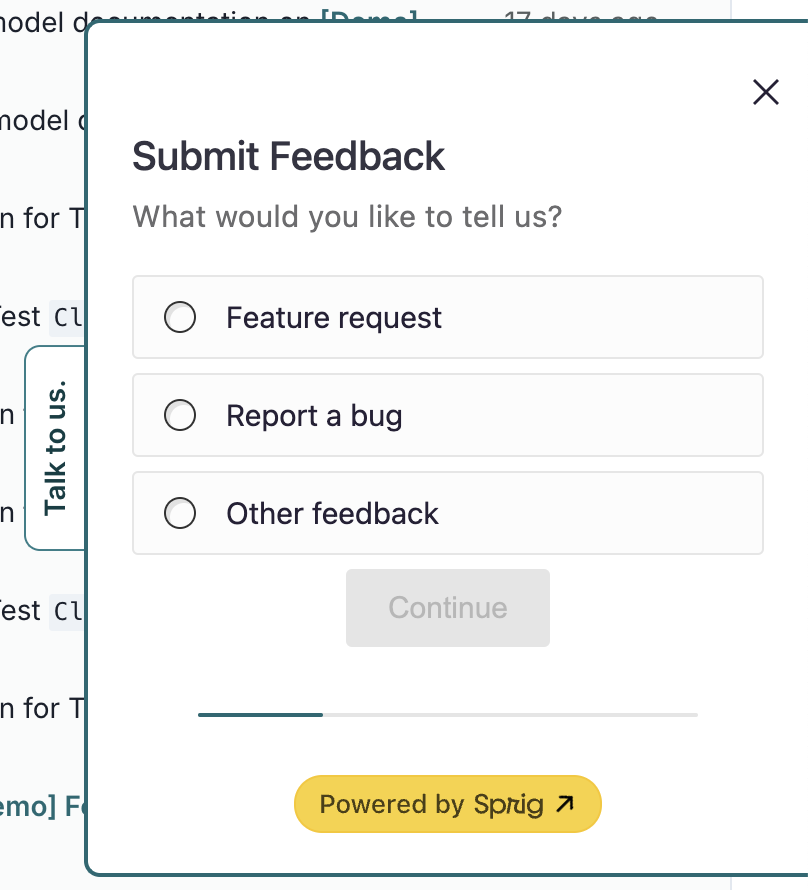 A screenshot showing the `Talk to us.` feedback panel within the ValidMind Platform