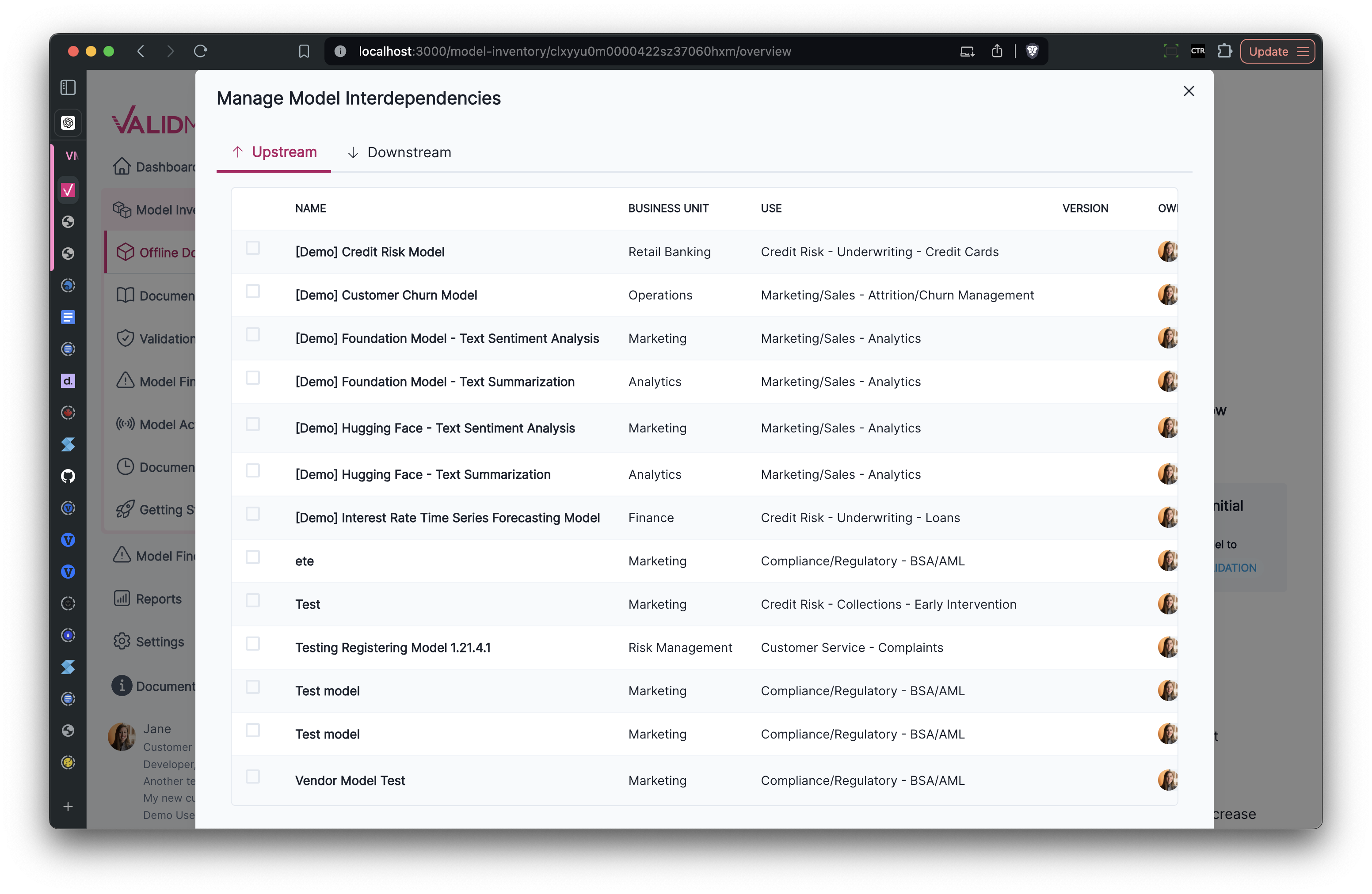 An screenshot showcasing the Manage Model Interdependences screen