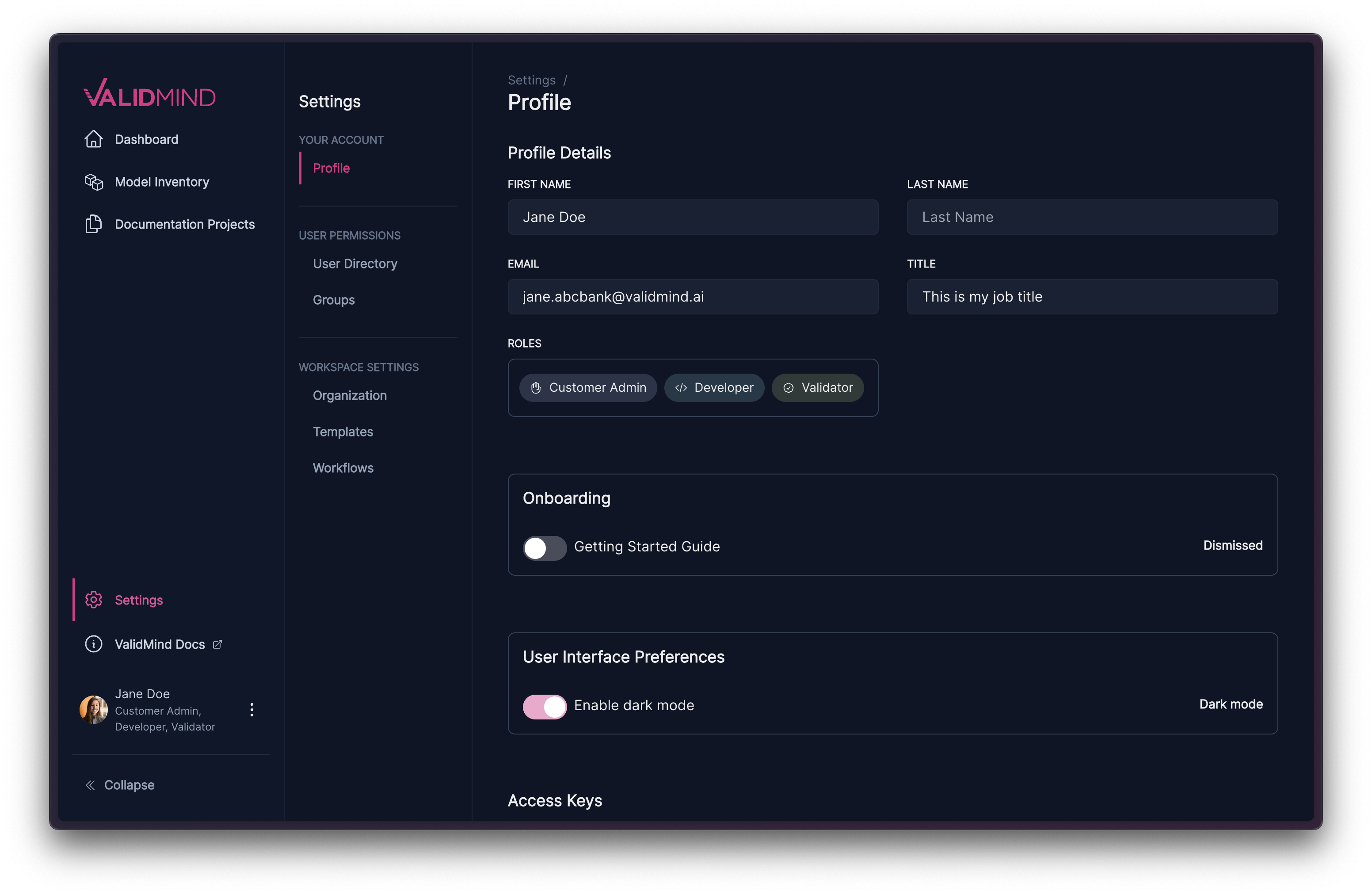 The ValidMind Platform UI in dark mode