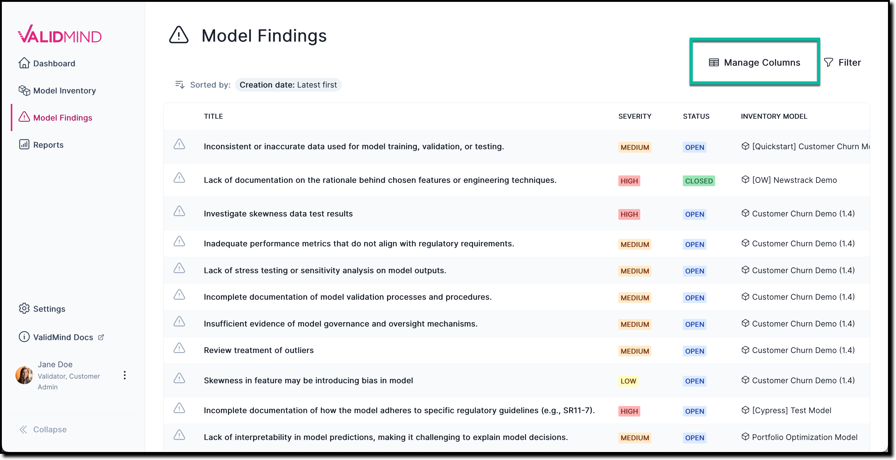 A screenshot that highlights how you can show or hide table columns on the Model Findings page by clicking the Manage Columns button and toggling individual columns on or off