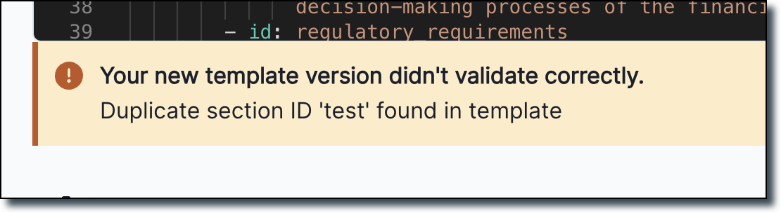 A screenshot showing the error message 'Duplicate section ID test found in template'